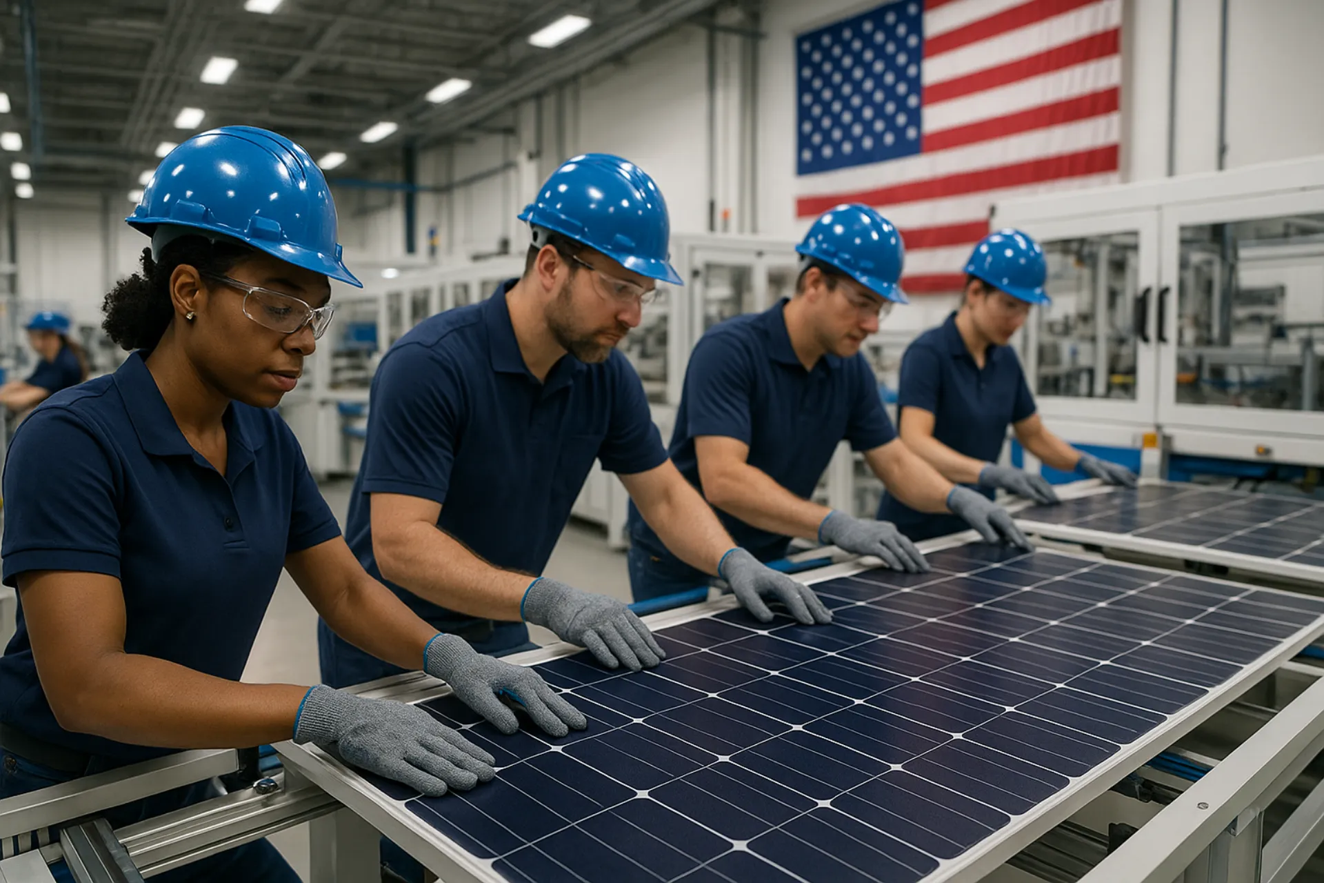 American workers manufacturing solar panels in a modern US factory