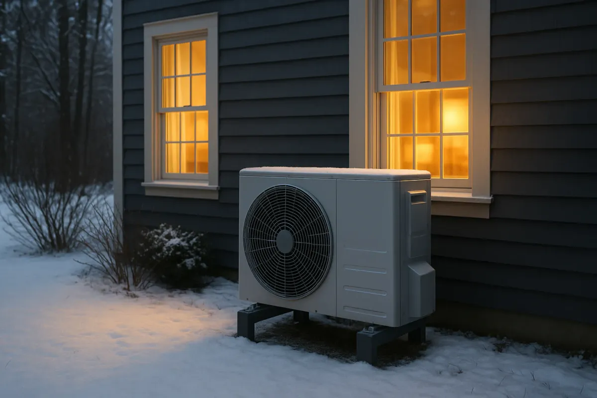 Modern cold-climate heat pump installed beside a New England home in winter