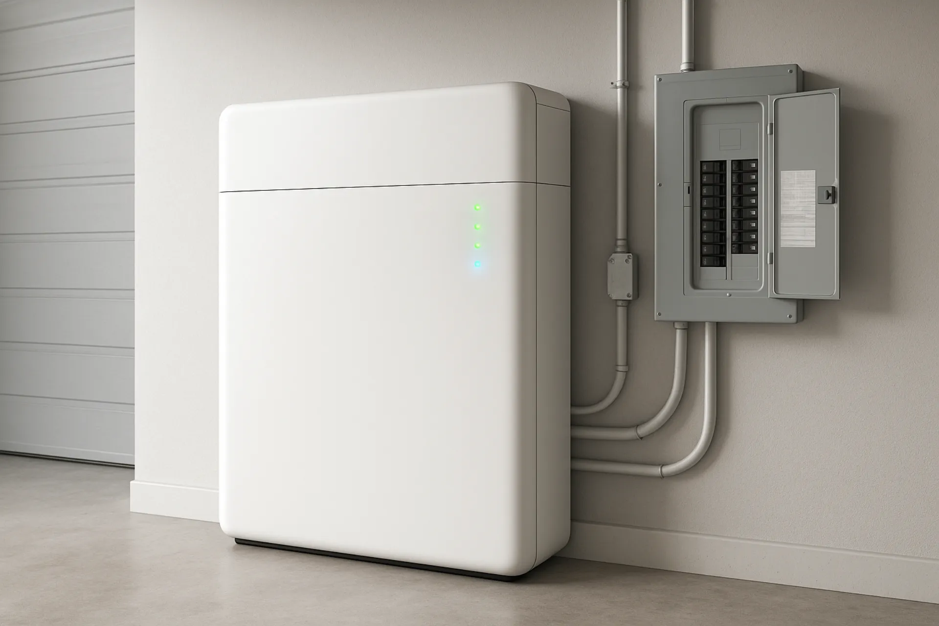 Sleek modern home battery storage system installed in a clean residential garage