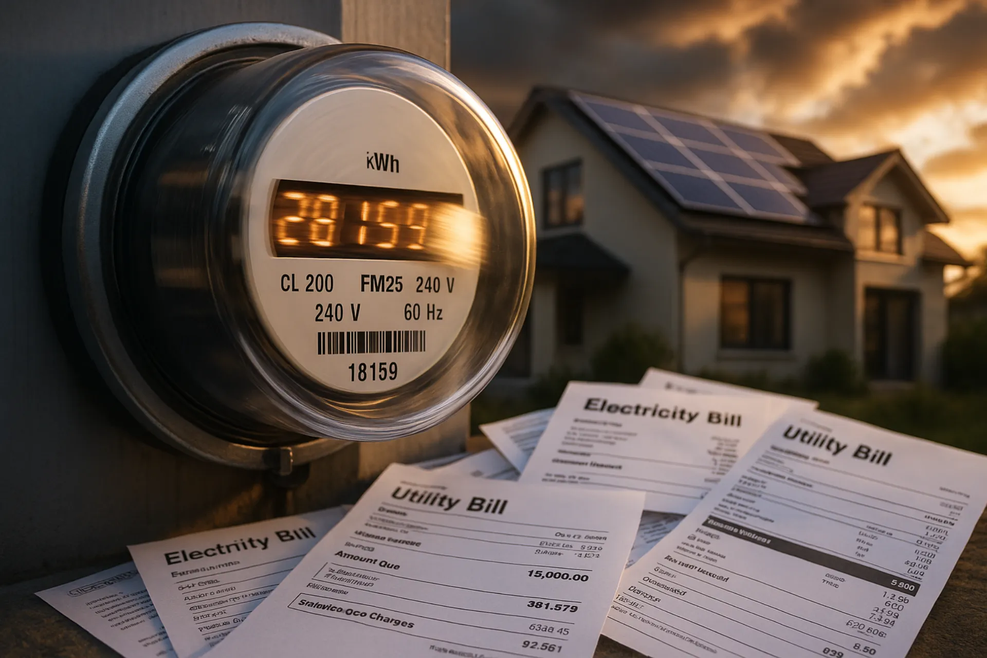 Residential electricity meter spinning with utility bills and solar-paneled home in background
