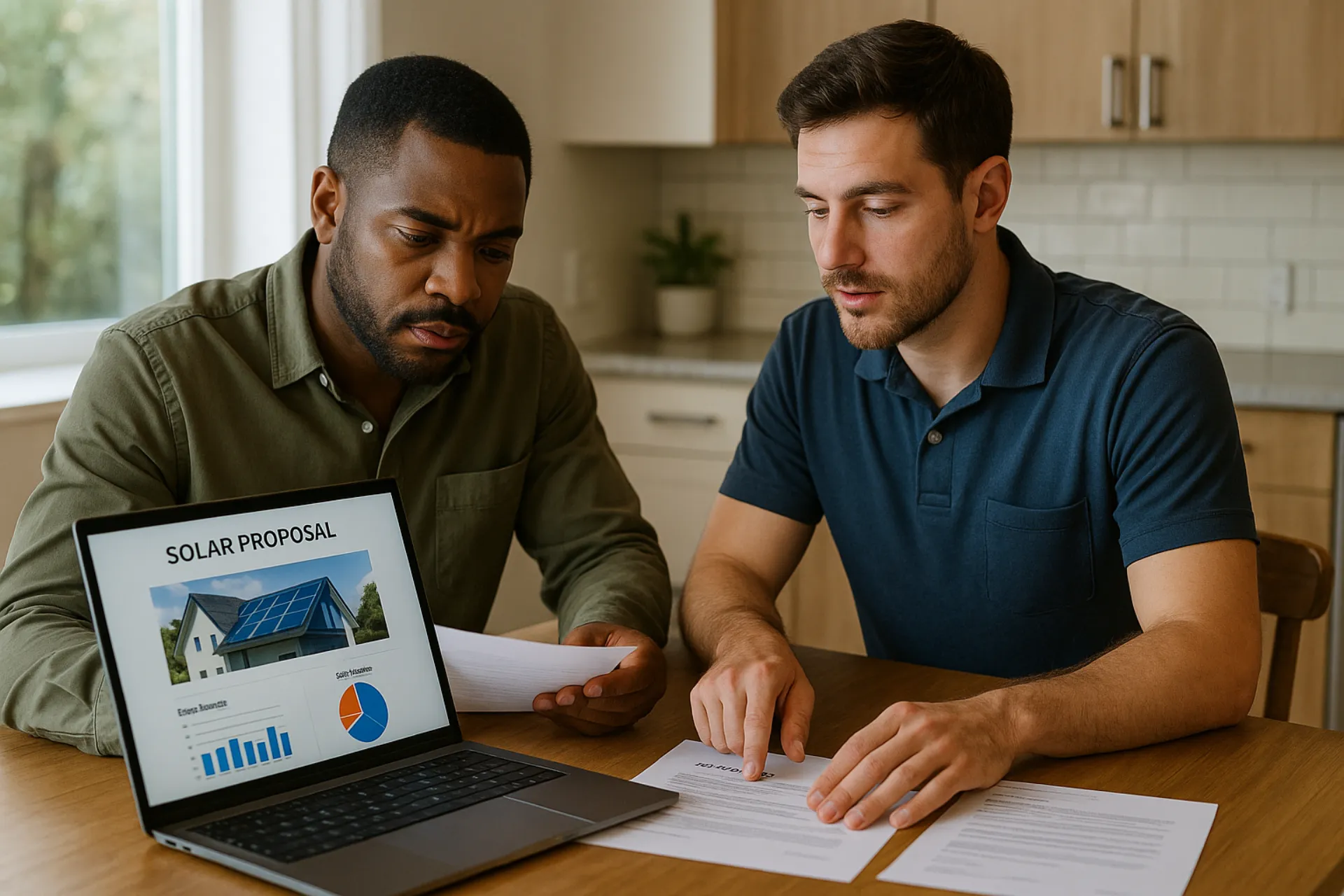 Homeowner and solar consultant reviewing financing documents at kitchen table