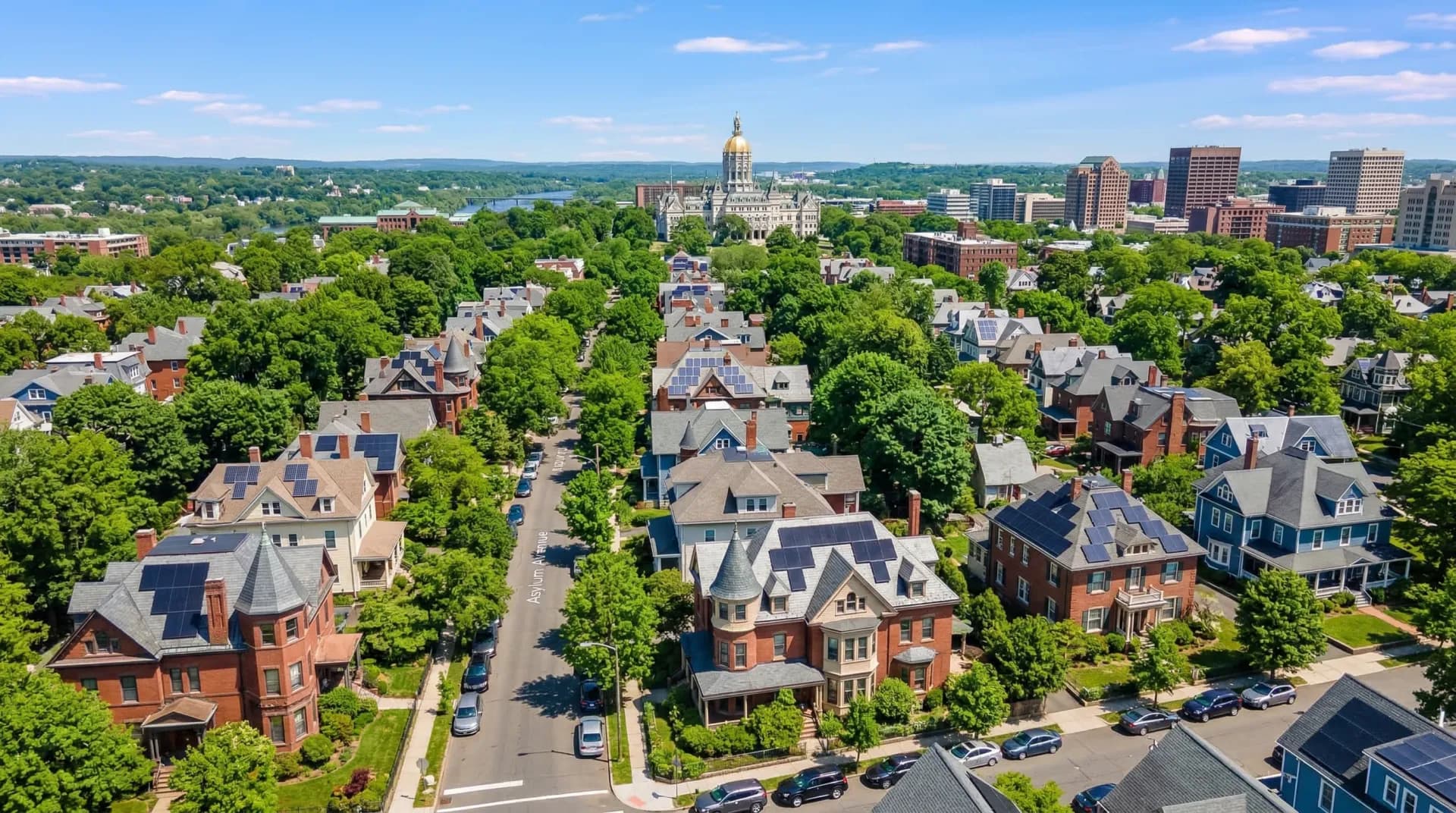 Hartford Connecticut skyline with solar panel installations