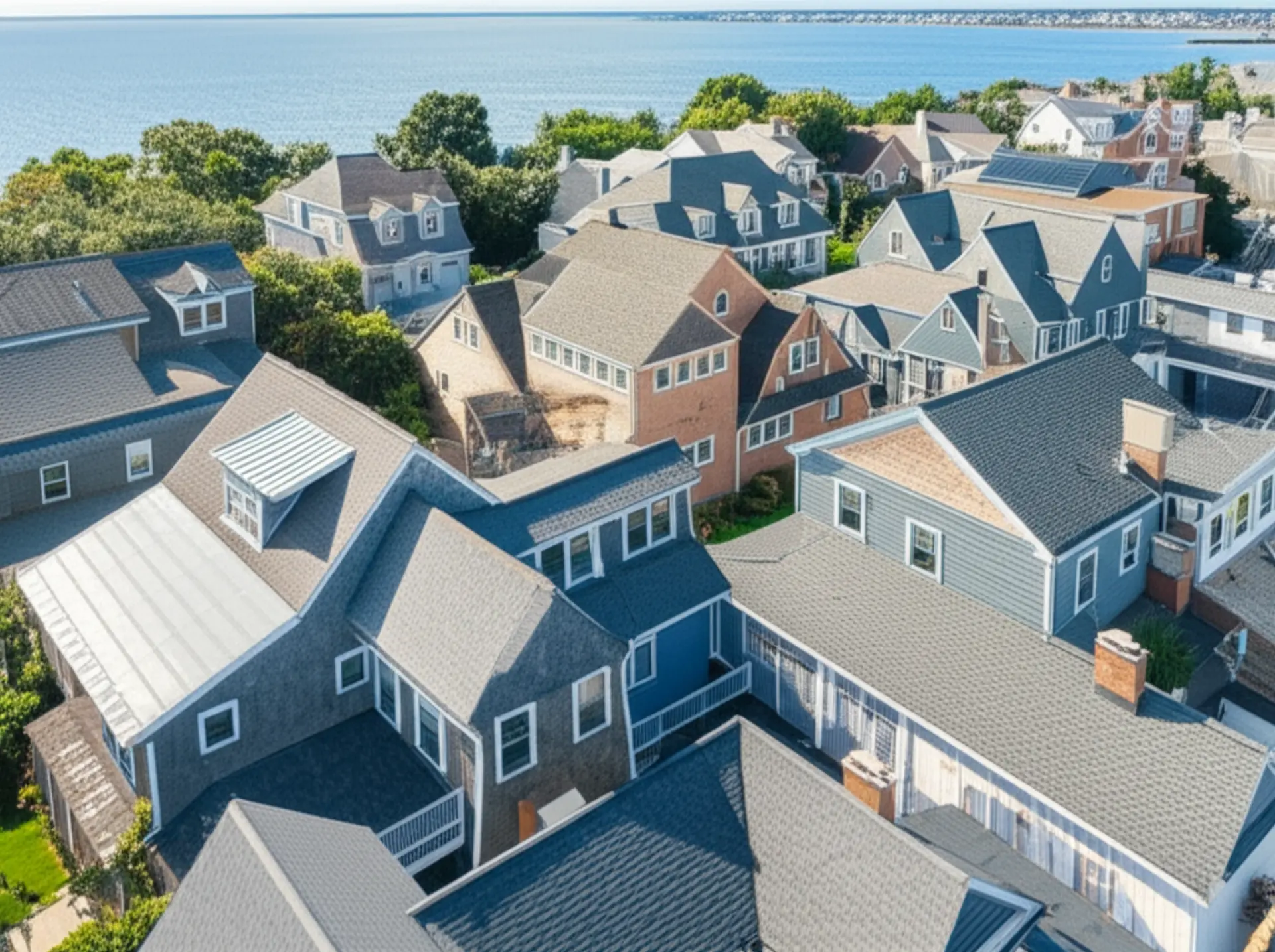 Aerial view of Quincy Massachusetts South Shore with solar panels on residential rooftops