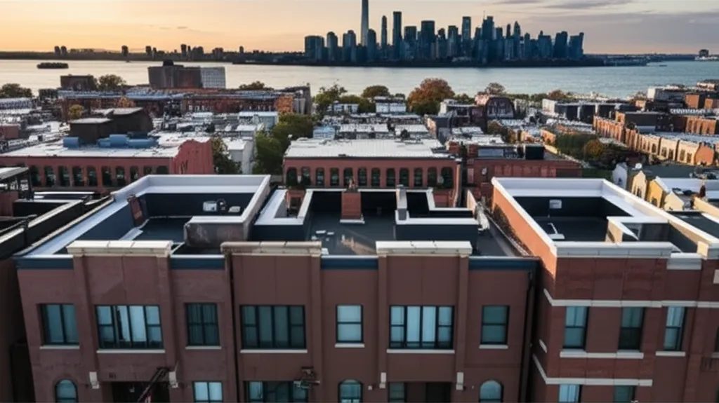 Jersey City New Jersey waterfront skyline with solar panels on brownstones