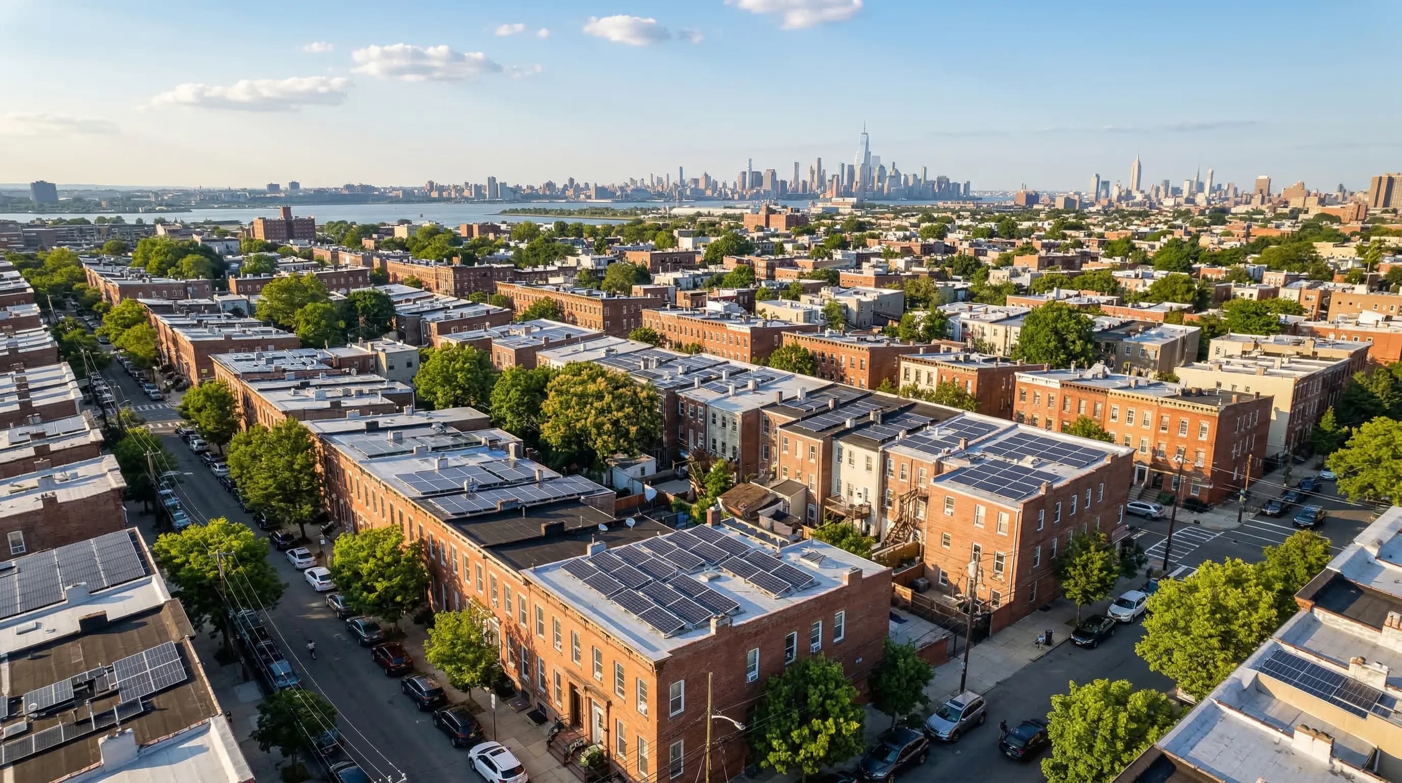 Solar panels on Newark New Jersey rowhouses and flat-roof buildings
