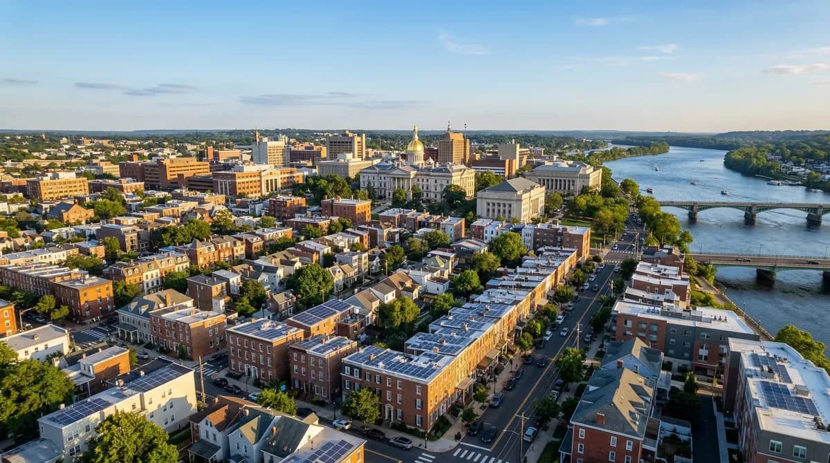 Trenton New Jersey skyline with solar panels on residential rooftops near the State House