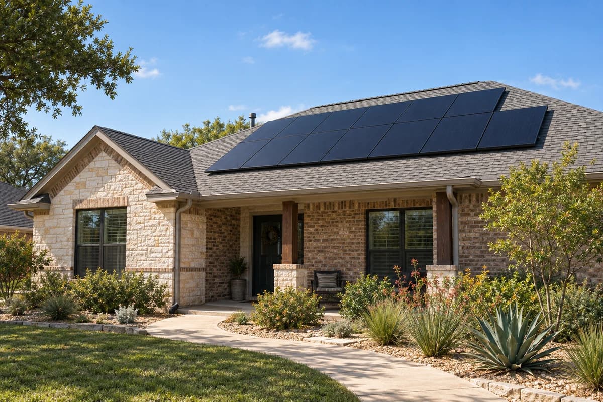 A brick and stone home with rooftop solar panels