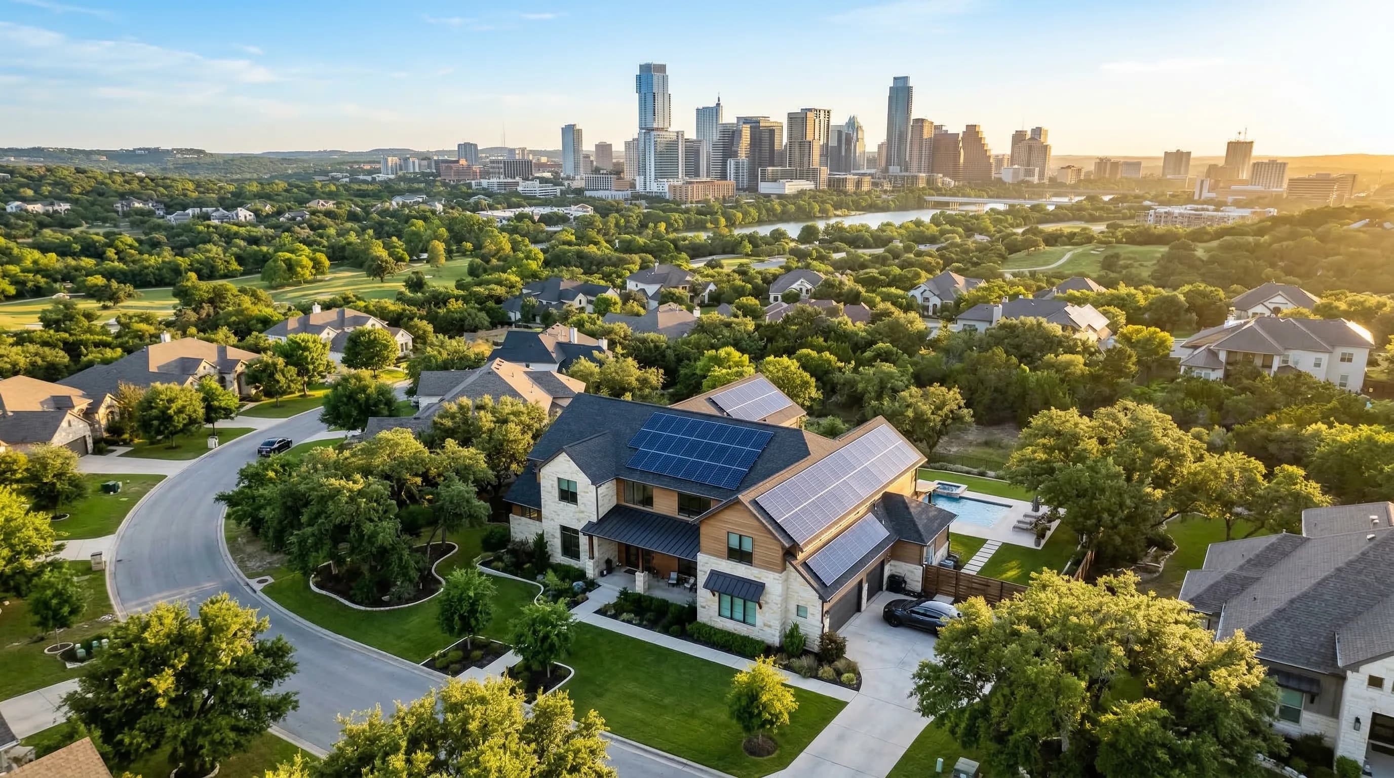 Solar panels on Austin Texas home with downtown skyline in background