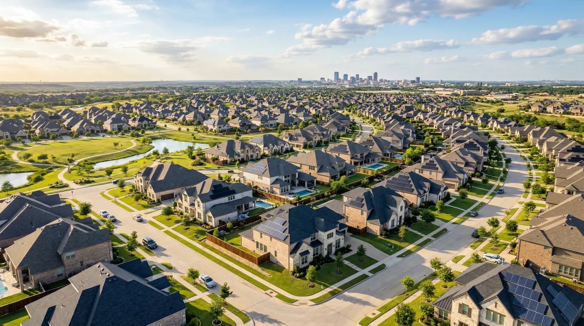 Fort Worth Texas skyline with solar panels on residential rooftops in the western DFW metroplex