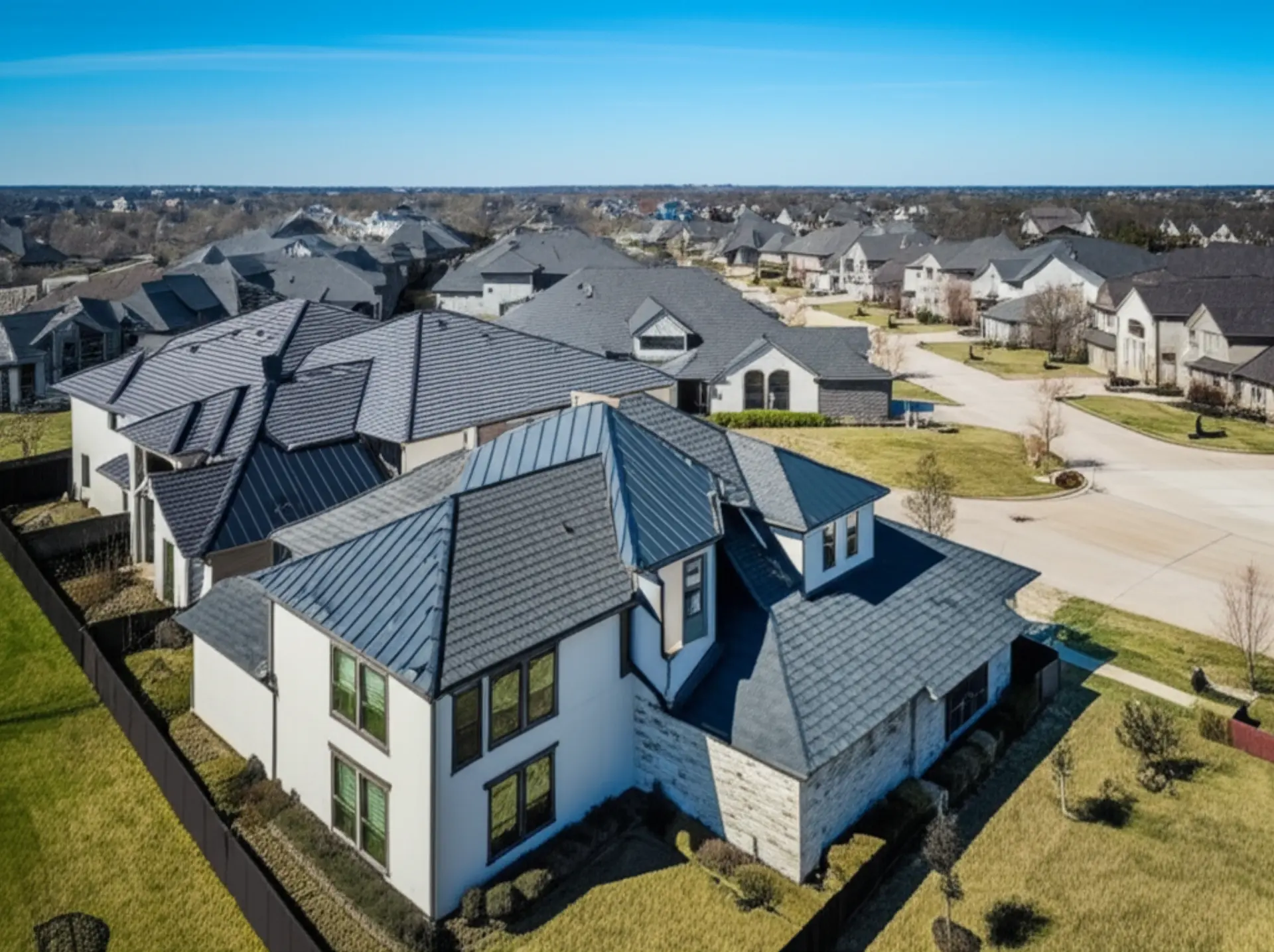 Plano Texas affluent suburban neighborhood with solar panels on large residential rooftops in Oncor territory
