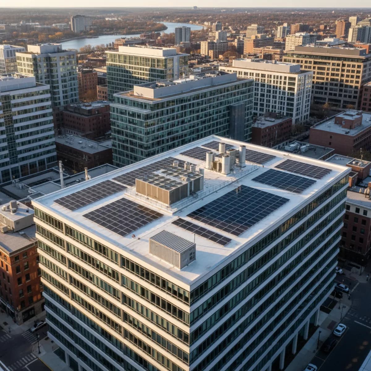Cambridge biotech lab building with rooftop solar array, battery storage, and emergency generator forming an N+1 microgrid.