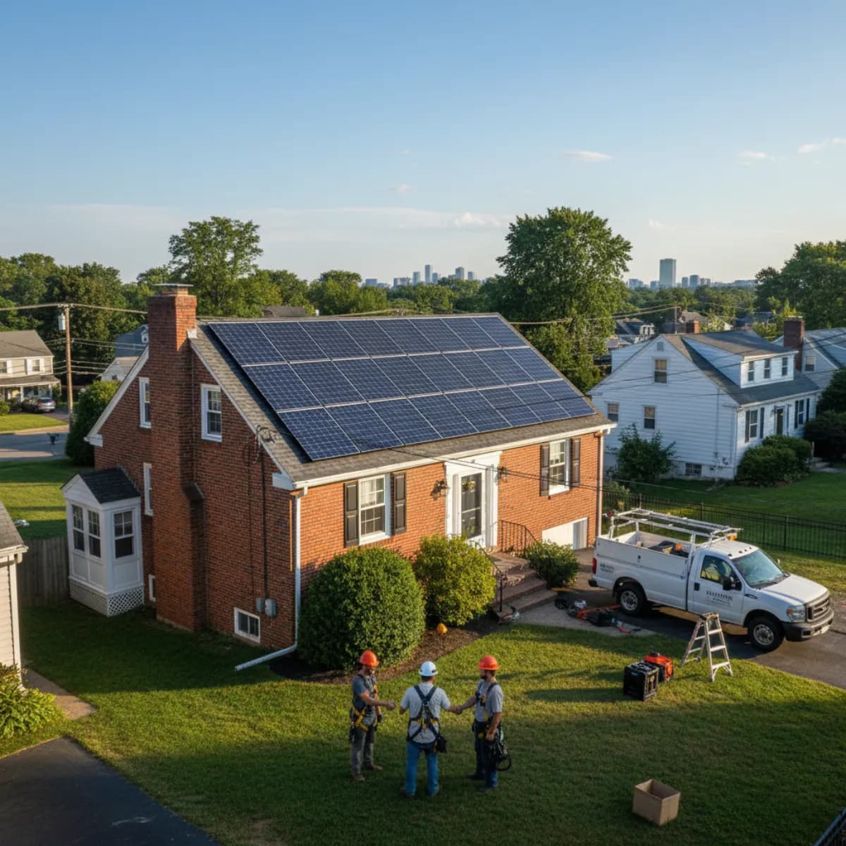 Solar installation crew working on a Boston residential rooftop