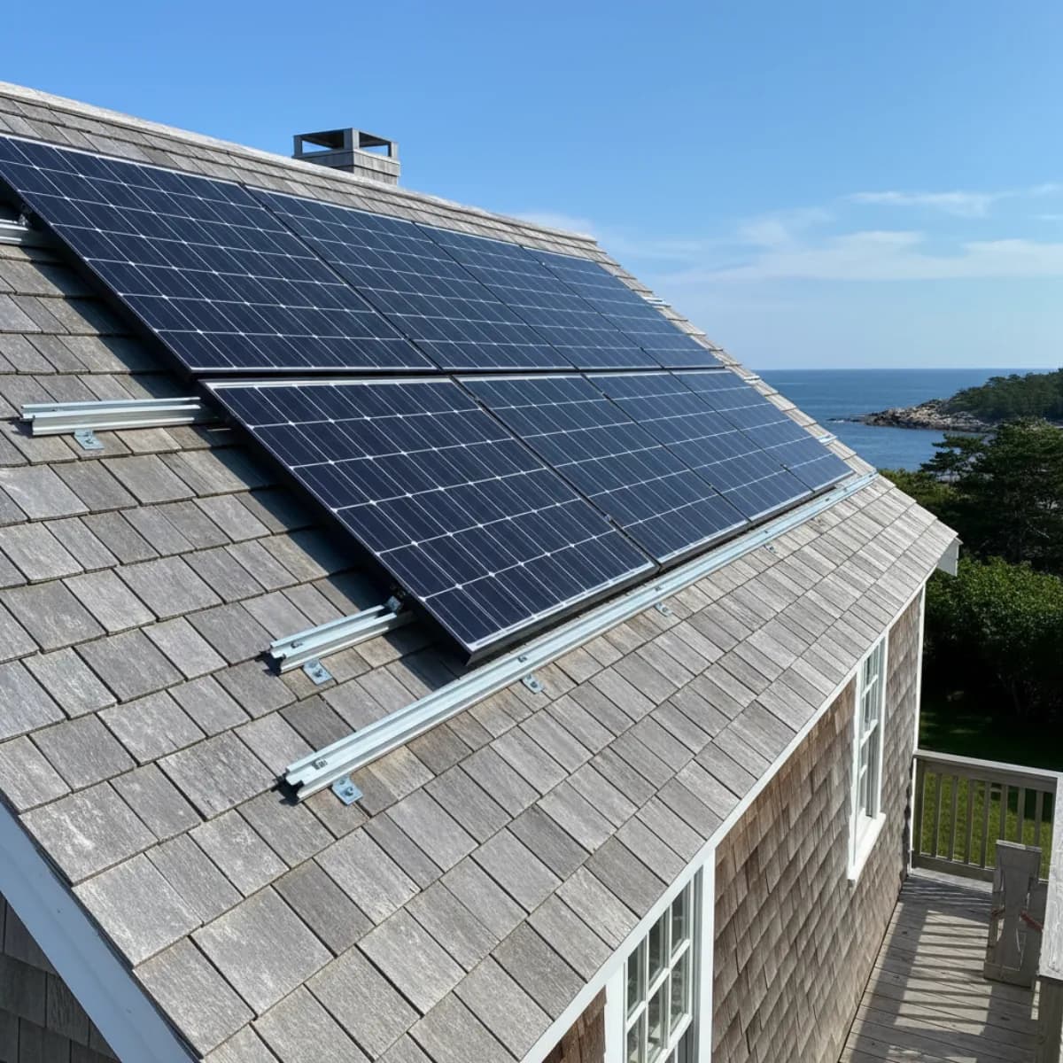 Solar panels professionally installed on a cedar shingle roof on a classic Massachusetts Cape Cod style home