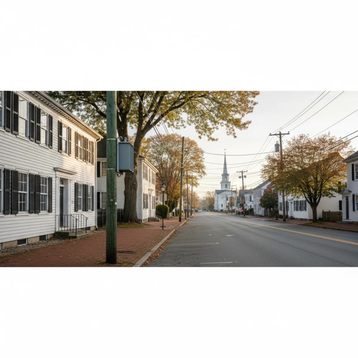 Concord MA historic district with overhead utility lines