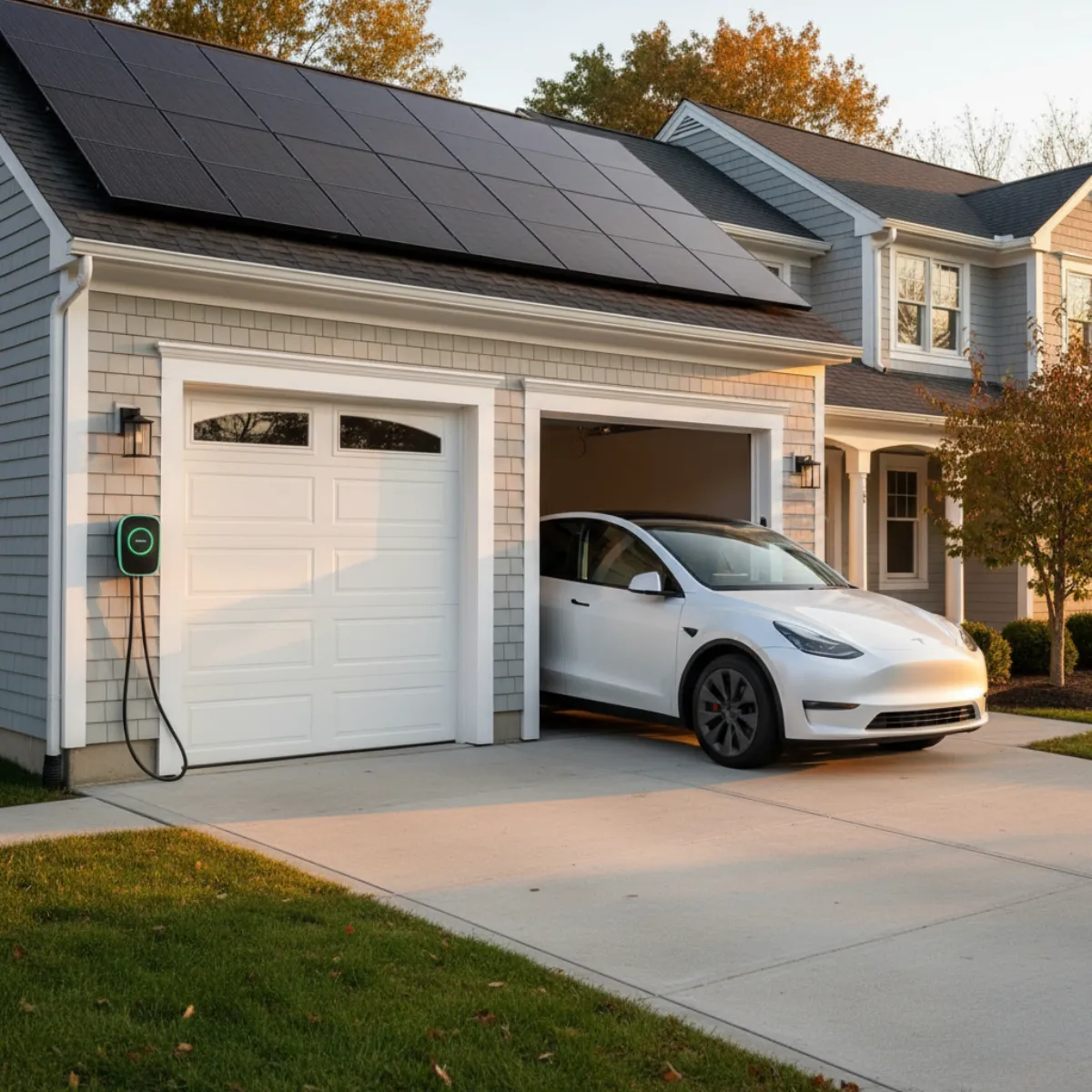 Home EV charger installation on Massachusetts garage with solar panels on roof