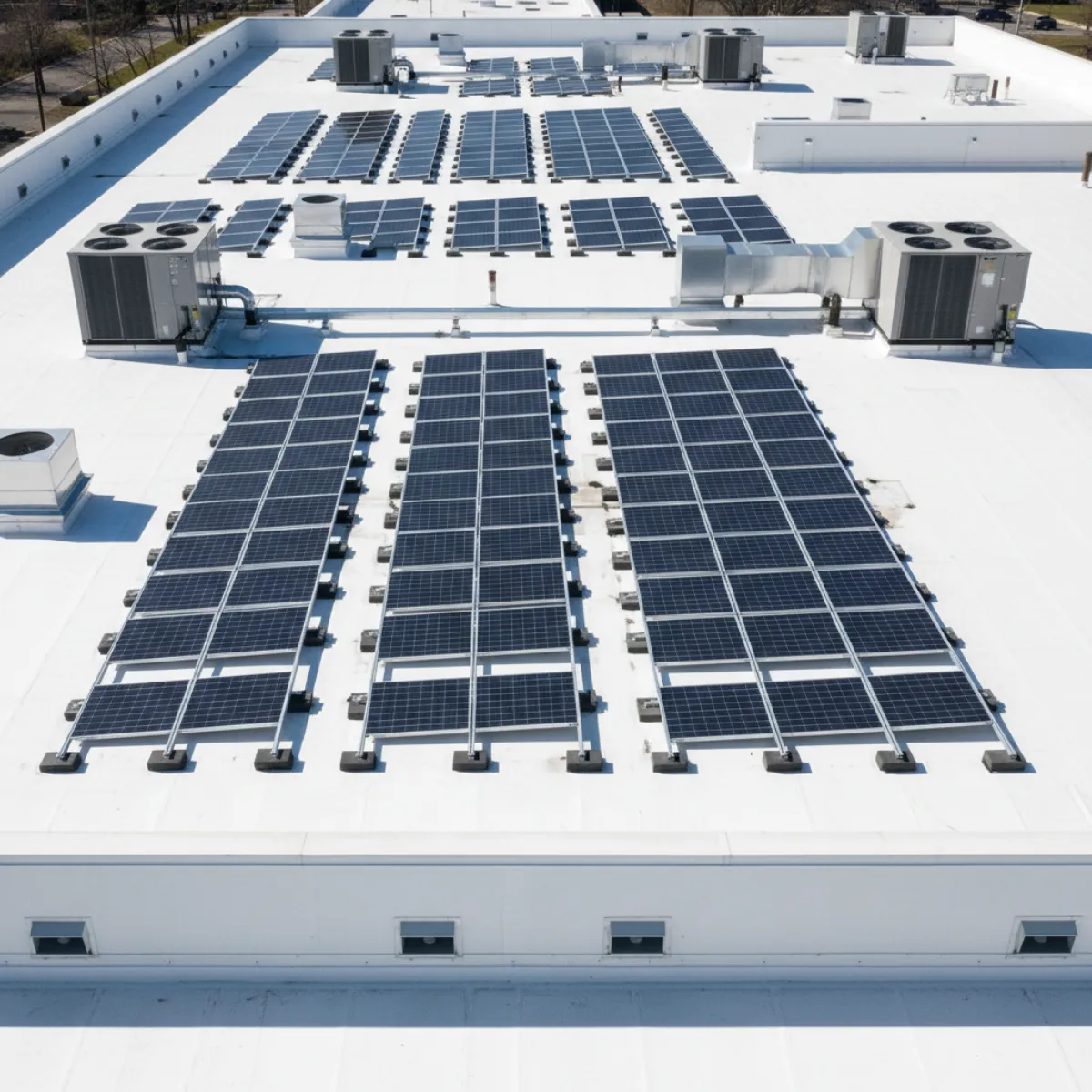 Commercial flat-roof solar array on a white TPO single-ply membrane in Massachusetts with ballasted racking and protection mats
