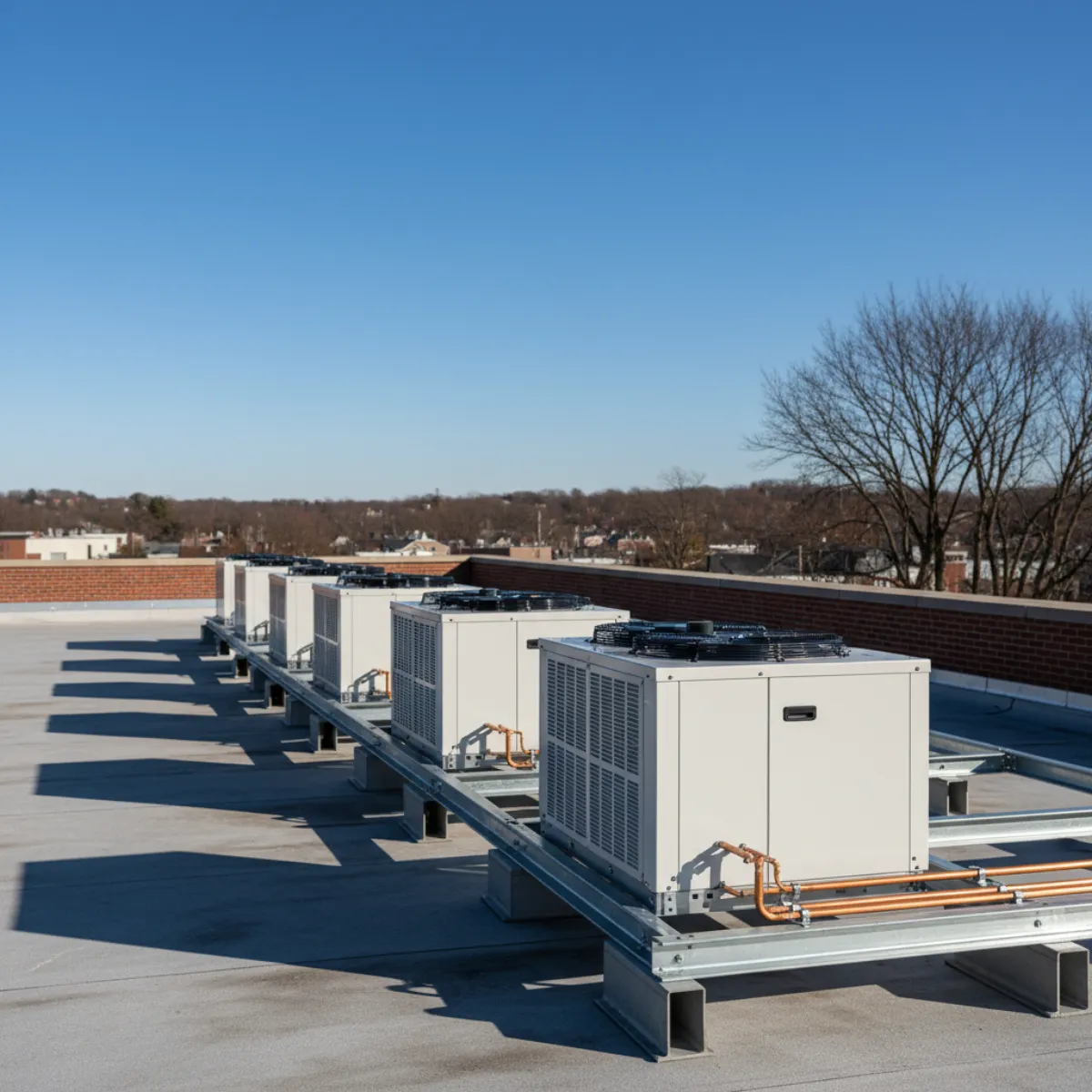 Commercial heat pump system on a Massachusetts rooftop