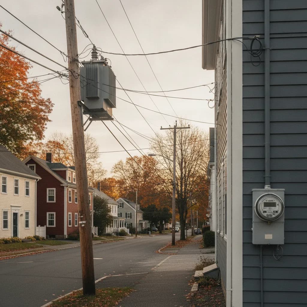 Massachusetts residential neighborhood with electricity distribution lines and a home electric meter