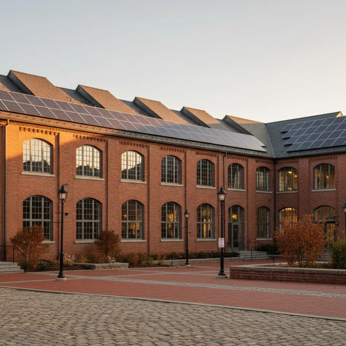 Historic Massachusetts mill building with sawtooth monitor roof and solar panels on the south-facing slopes