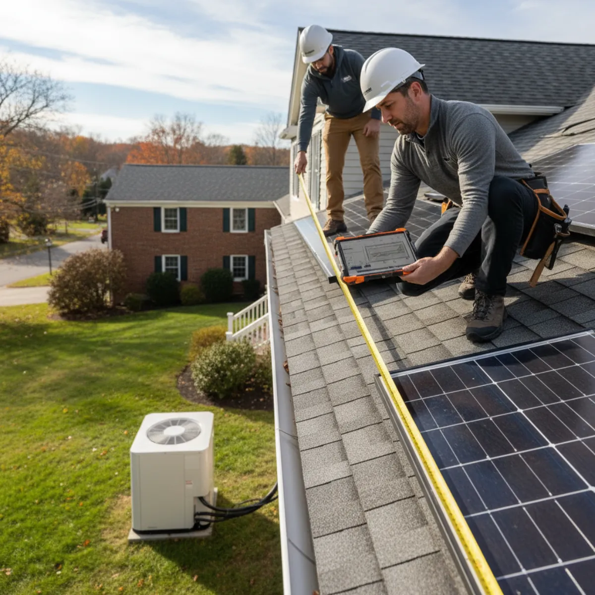 Solar panel array and heat pump on Massachusetts home showing proper sizing relationship
