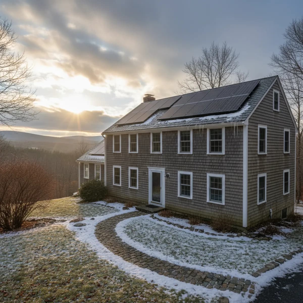Massachusetts home with solar panels coated in ice and snow — New England hail and winter weather durability