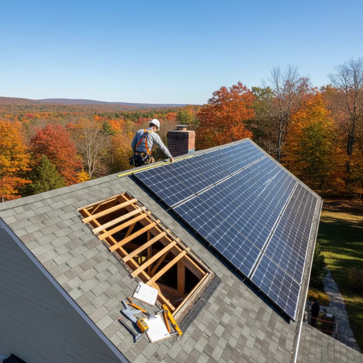 Cross-section of a Massachusetts residential roof showing solar panel array, mounting rails, sheathing, and rafter structure with structural load labels