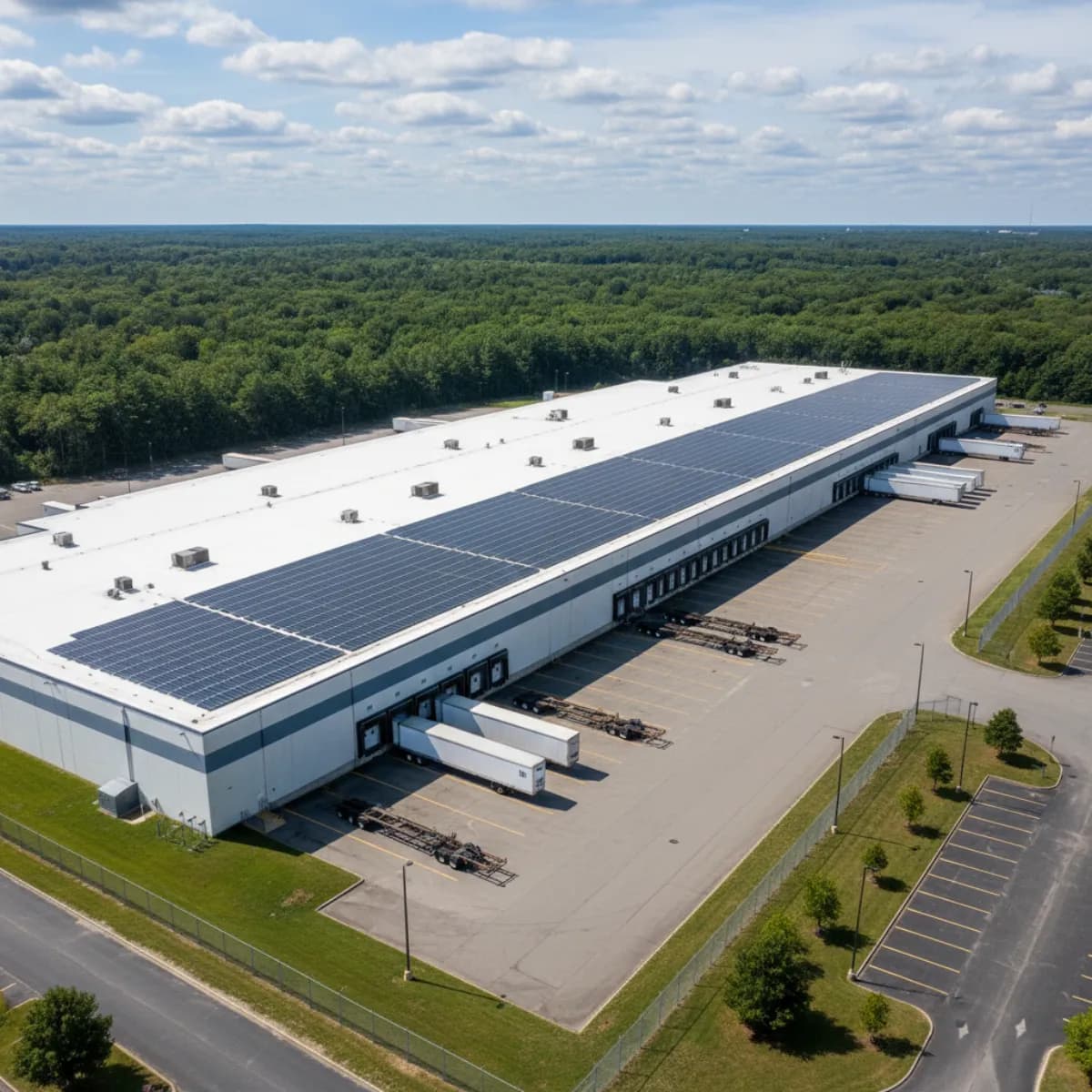 Aerial view of a Massachusetts distribution center with rooftop solar along the I-495 logistics corridor
