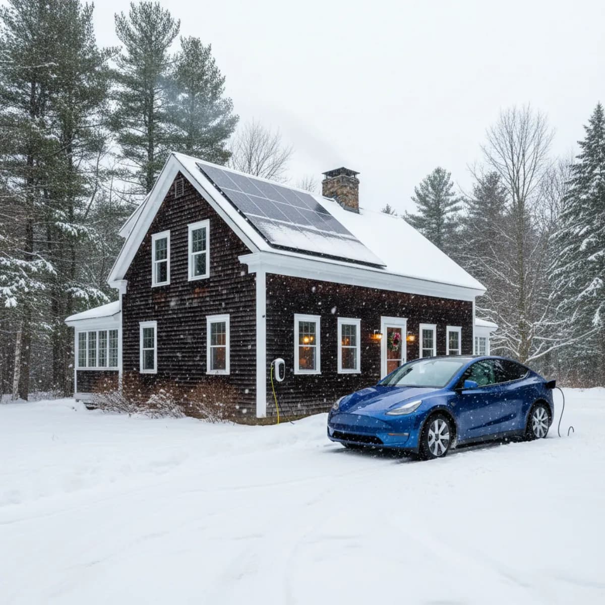 Electric vehicle charging at a Maine home in winter with solar panels and pine trees
