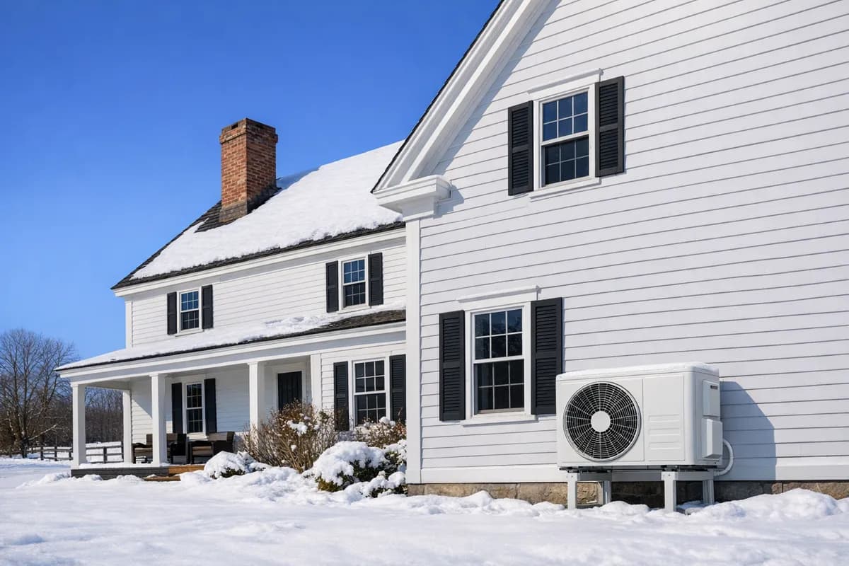 Maine farmhouse with a modern heat pump unit outside — no chimney exhaust, no combustion risk