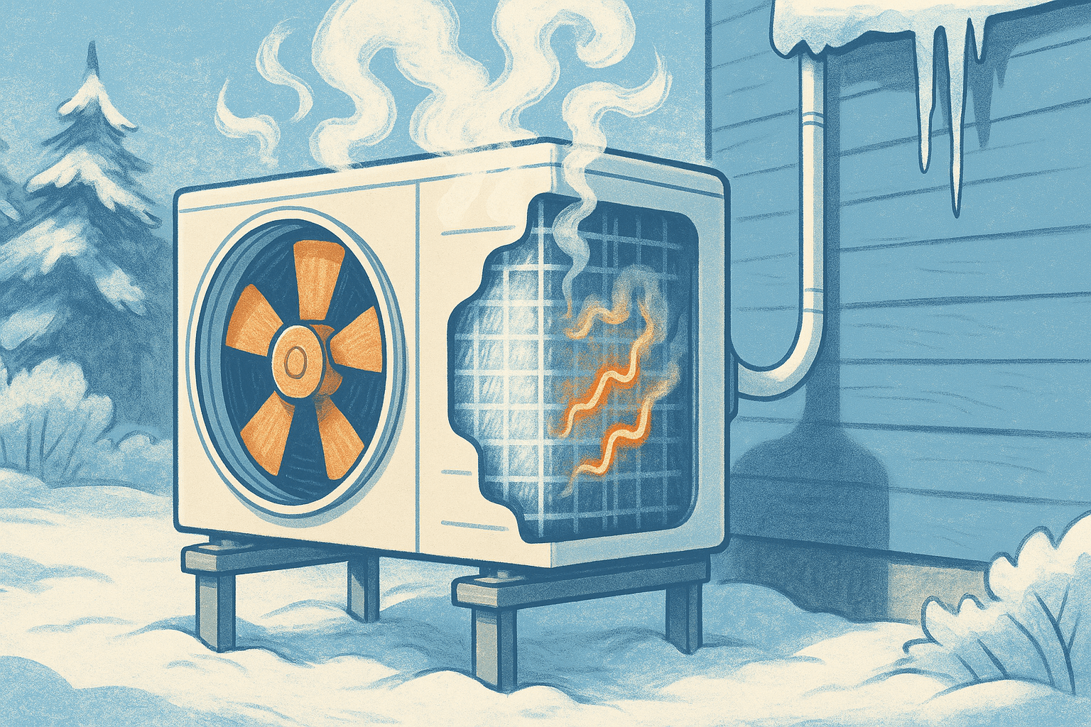 Heat pump outdoor unit during defrost cycle in Maine winter with steam rising and snow visible on the ground