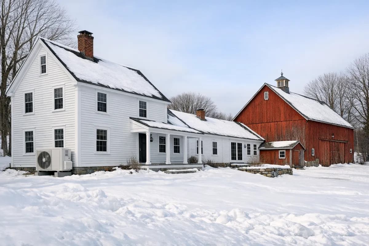 Classic white Maine farmhouse with connected ell and barn, modern heat pump units visible alongside