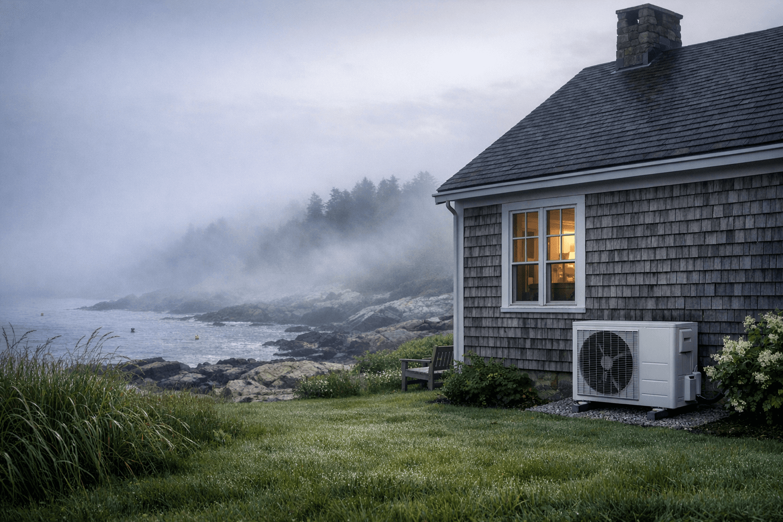Maine coastal home with fog rolling in, heat pump outdoor unit visible, illustrating humidity management