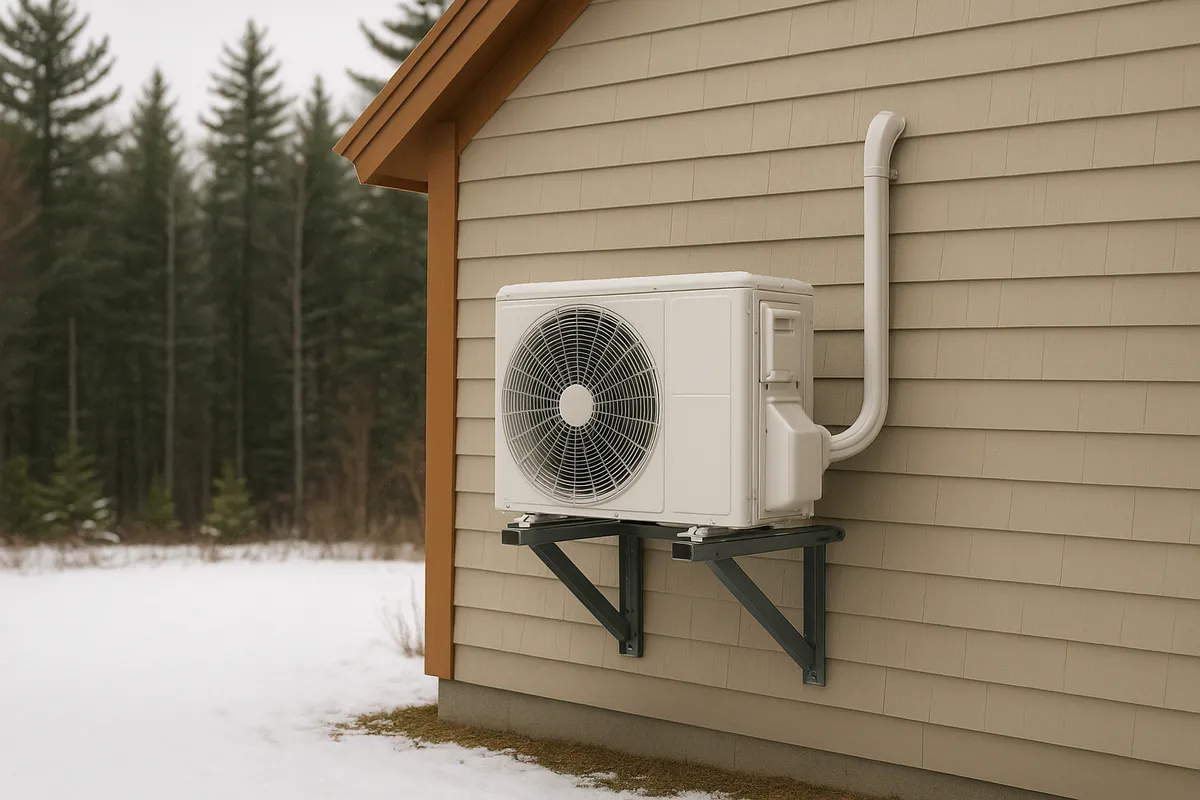 Heat pump unit installed on a Maine home in winter with snow