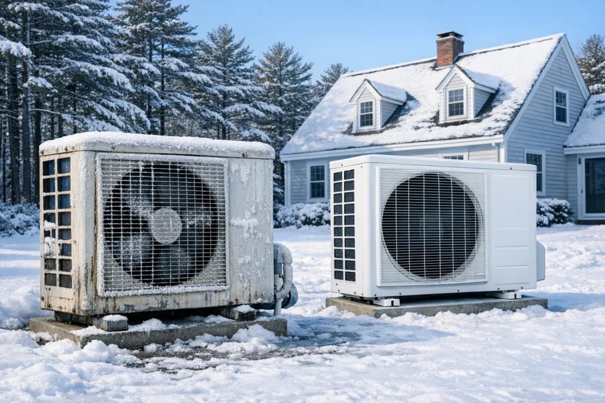 Heat pump outdoor unit with snow in Maine winter