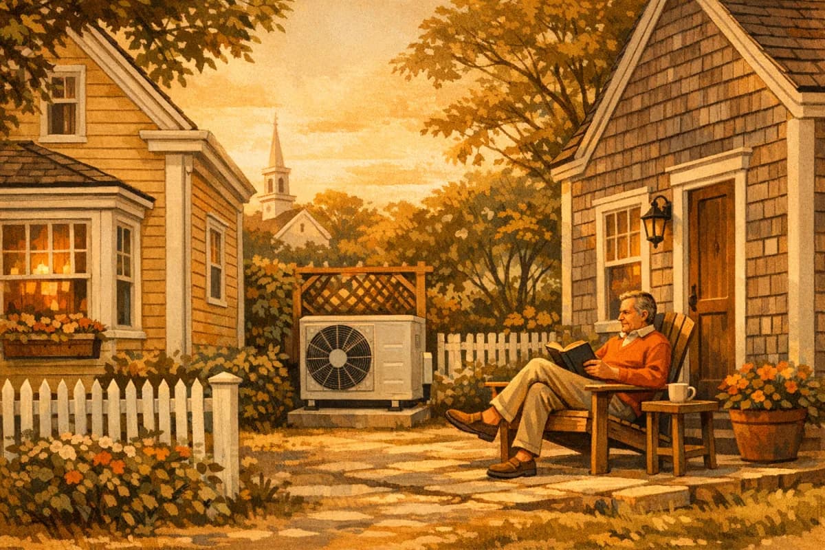 Heat pump outdoor unit between two Maine homes in a village setting