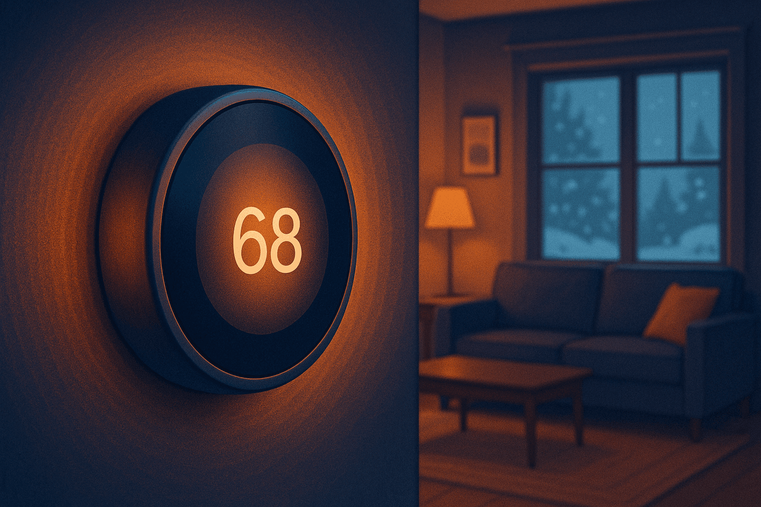 Heat pump thermostat set to 68 degrees in a Maine home with snow visible through the window, showing optimal winter settings