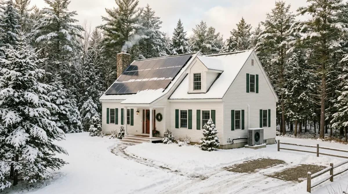Maine home with solar panels and heat pump in winter