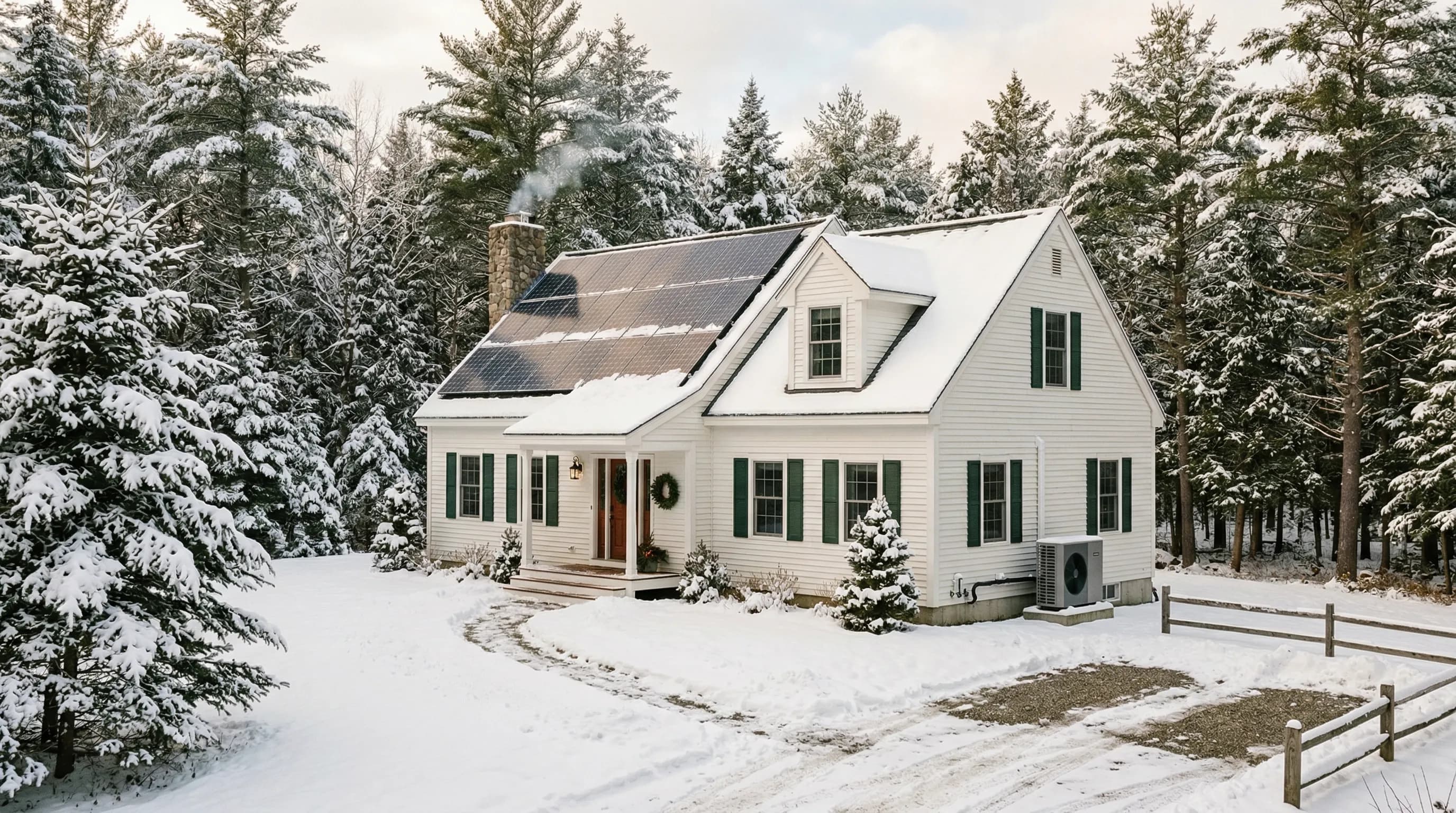Maine home with solar panels and heat pump in winter