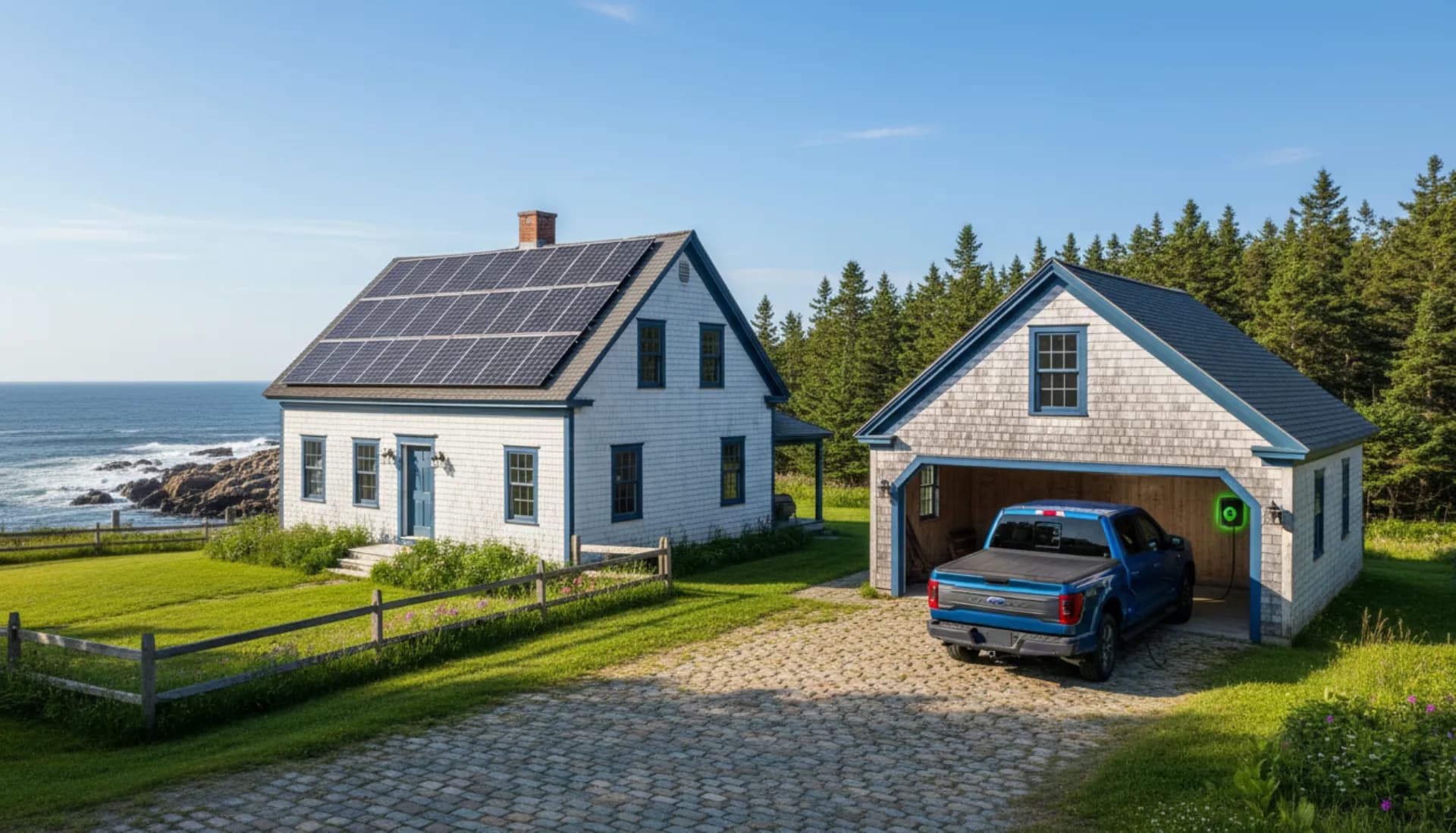 Maine home with solar panels and electric vehicle plugged into Level 2 charger in snowy setting