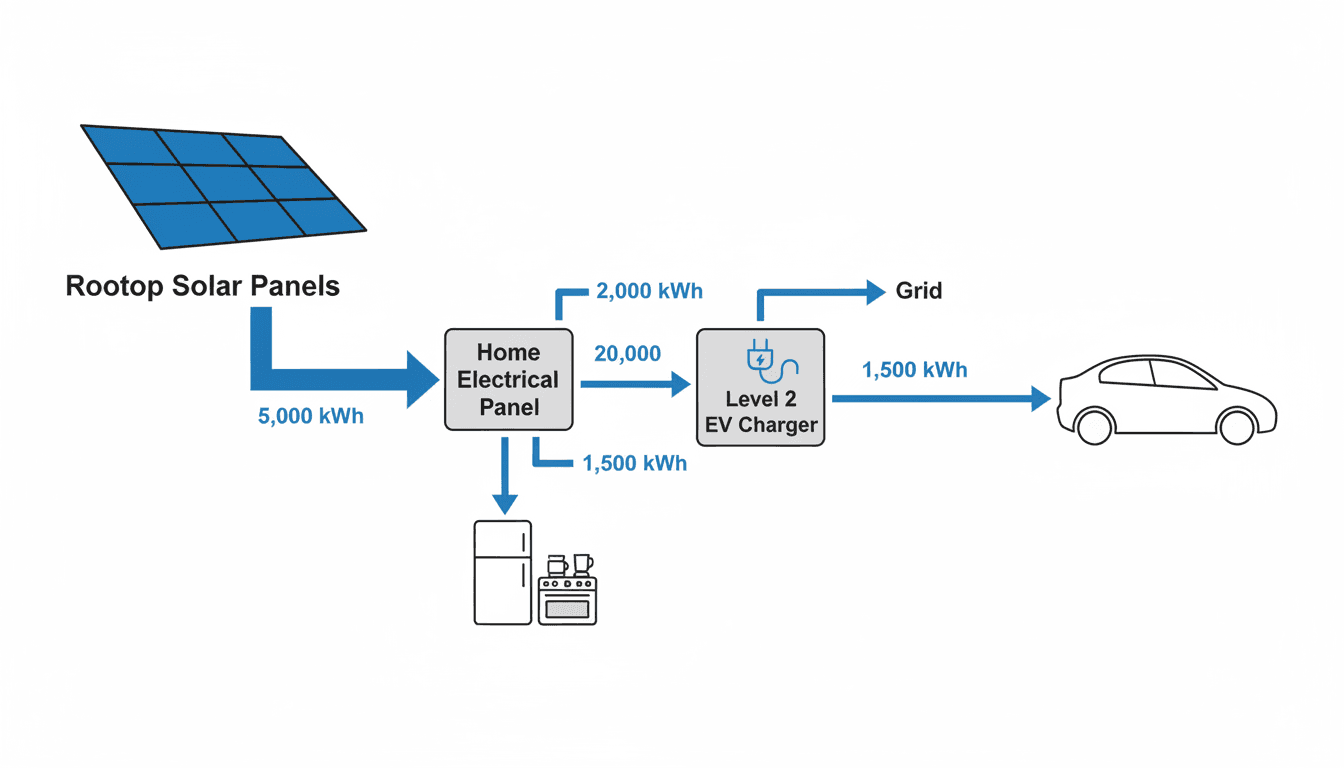 Solar to EV charger energy flow diagram showing panels, inverter, home, and EV charger with kWh labels for Maine