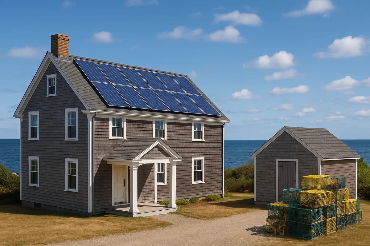 Solar panel installation on a Maine coastal home