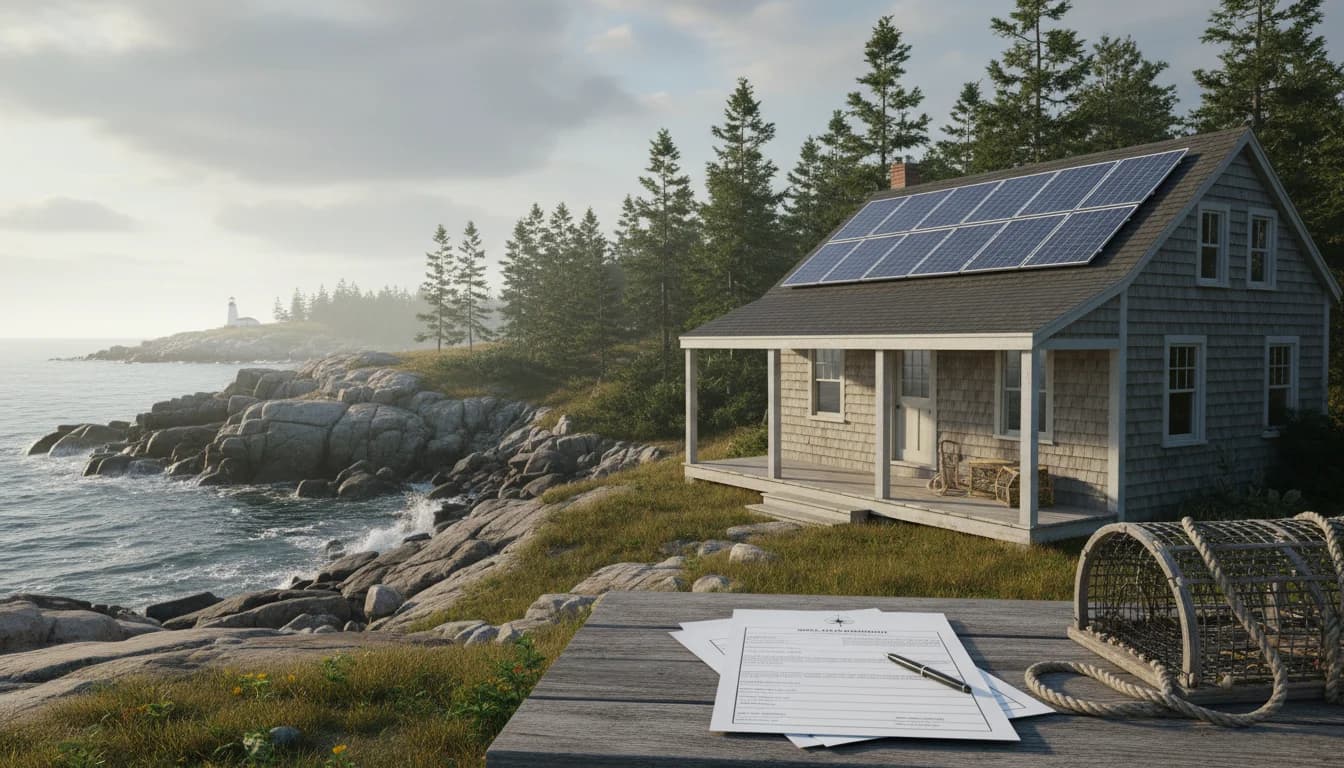 Solar panels on a Maine home with coastal landscape