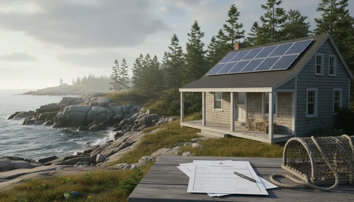 Solar panels on a Maine home with coastal landscape