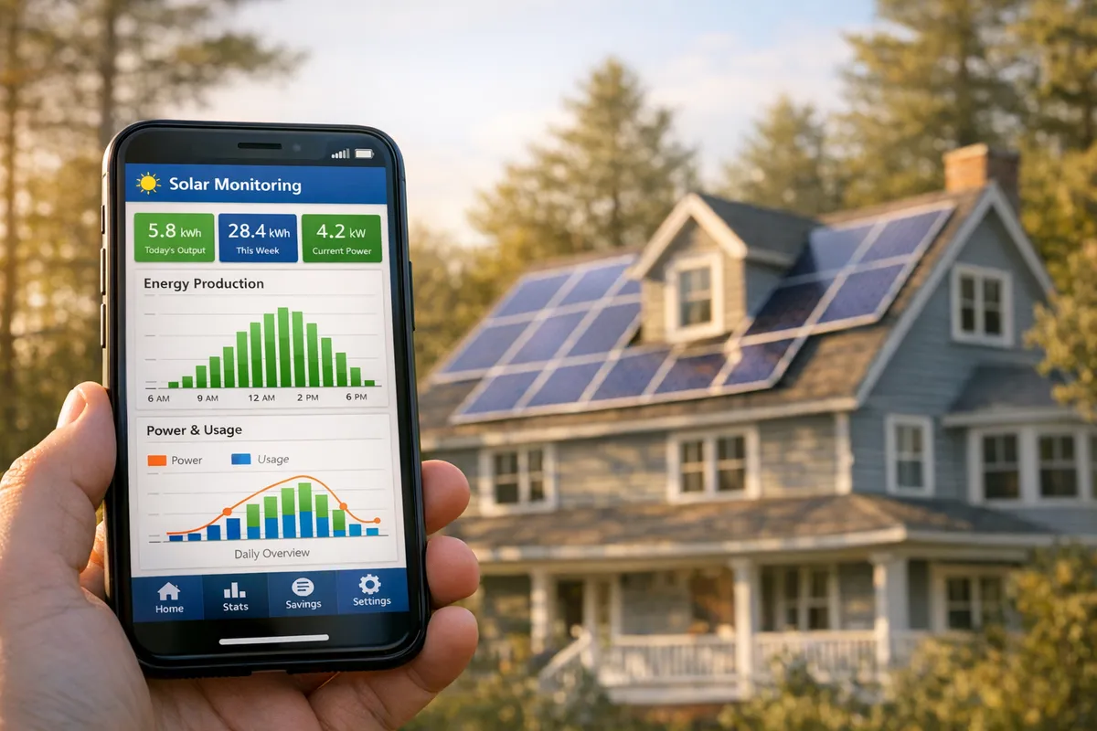 Smartphone displaying solar monitoring app data with a Maine home and rooftop solar panels in background