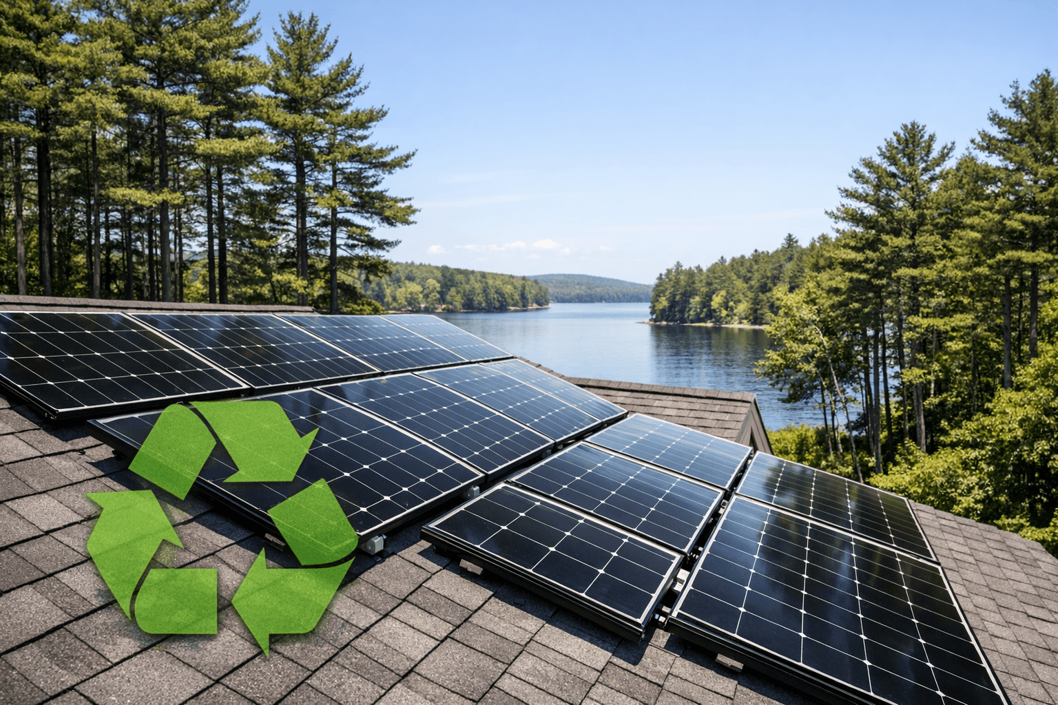Solar panels on a Maine rooftop with recycling symbols, pine trees in background representing environmental stewardship