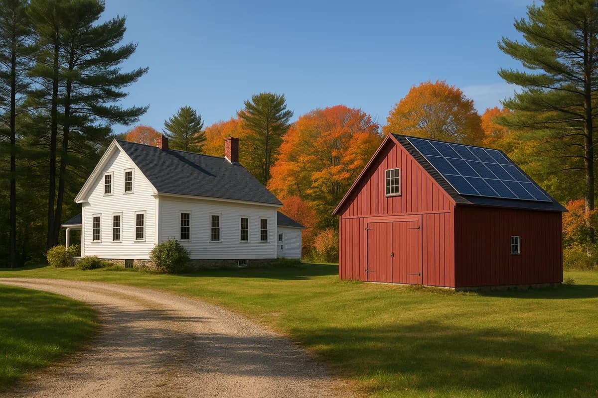 Solar panels on a Maine farmhouse with pine trees in background