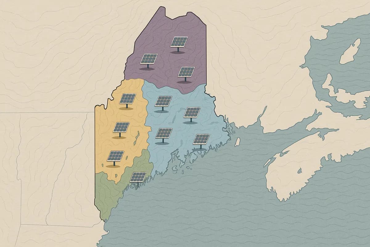 Map of Maine showing solar panel payback periods by town, from 8 years in southern Maine to 10.5 years in Aroostook County