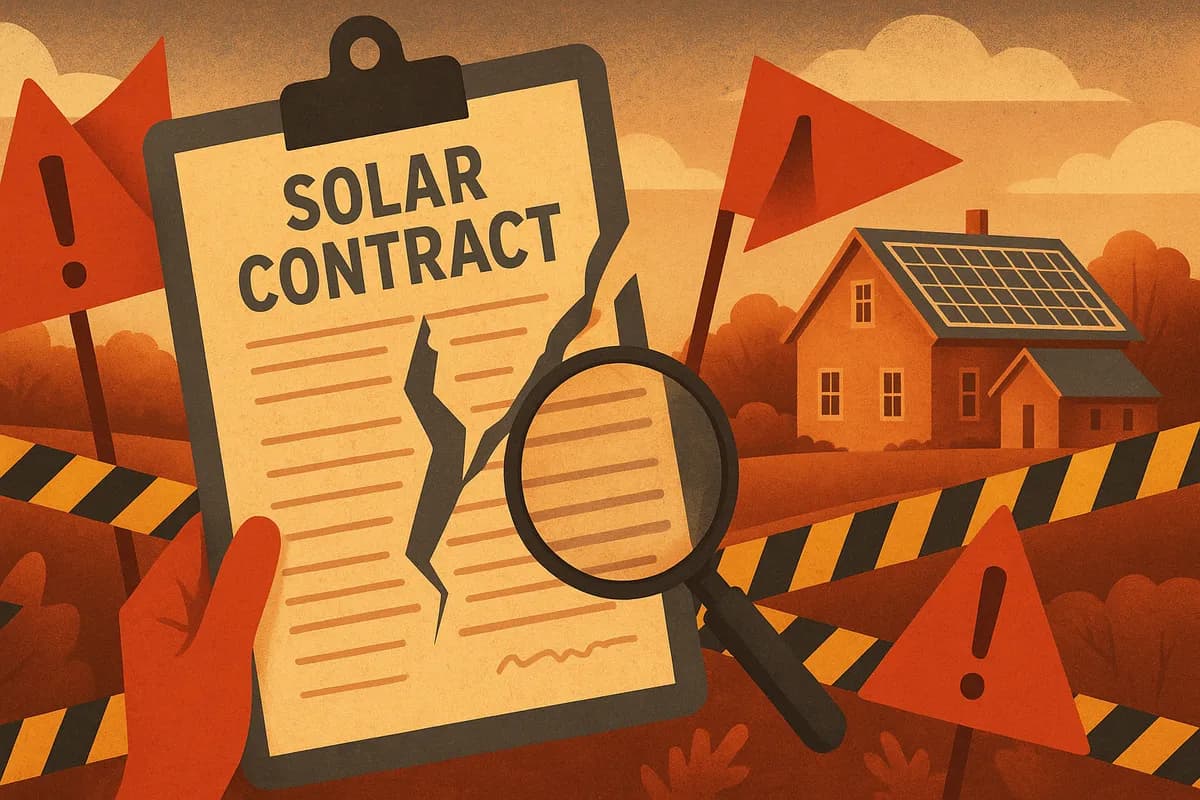 Warning illustration showing solar scam red flags targeting Maine homeowners including fake tax credit claims and door-to-door sales tactics