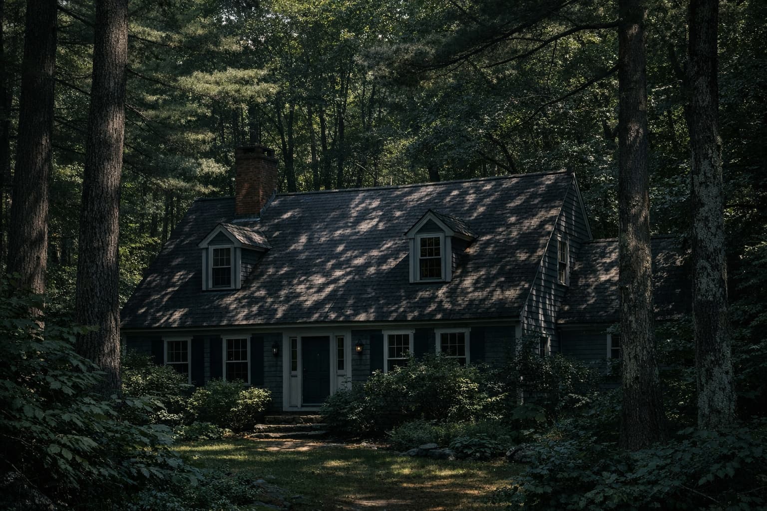 Heavily forested Maine property with shaded roof showing solar evaluation challenges