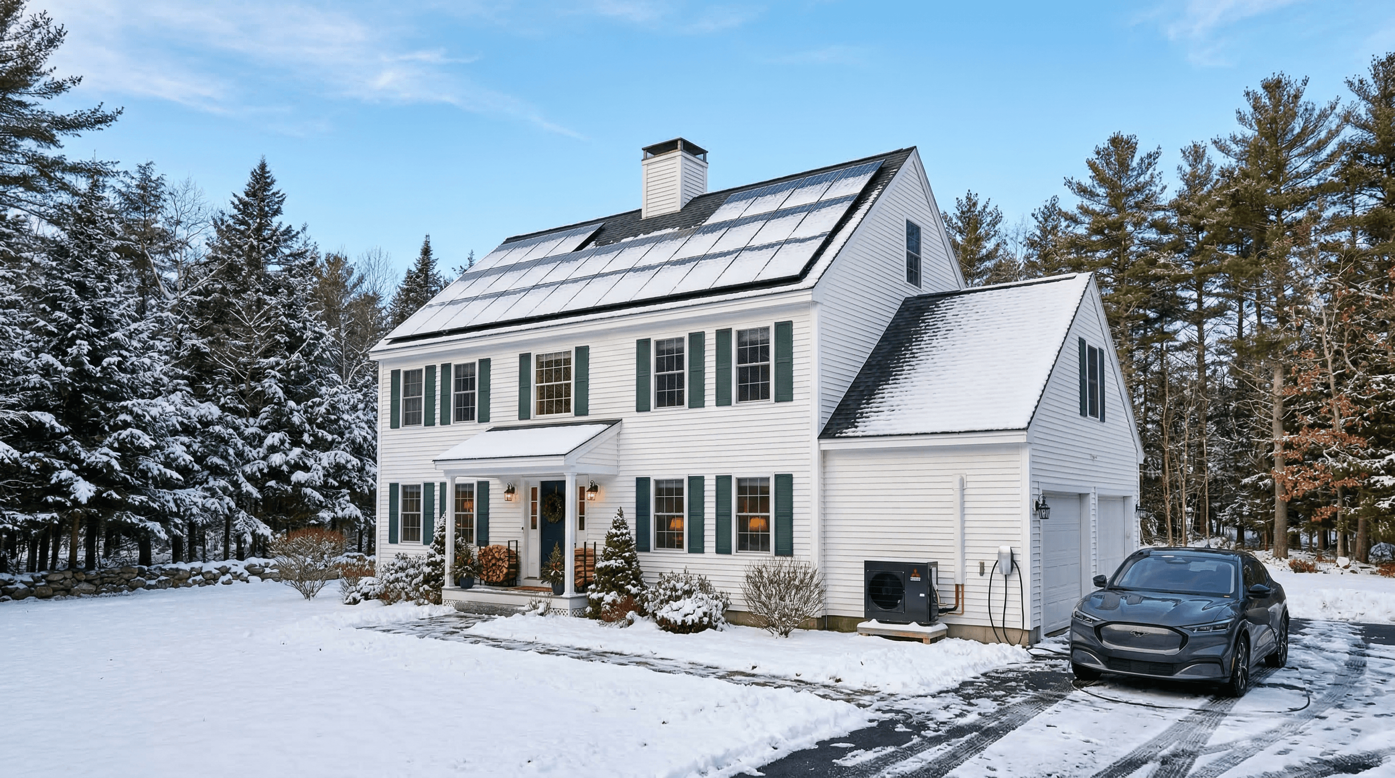 Maine home with solar panels, heat pump, and EV charger — whole-home electrification